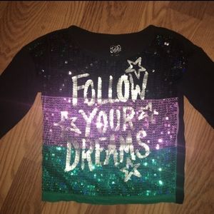 Justice Follow Your Dreams Long Sleeve Sequin Graphic Tee  Black Top  Size 10